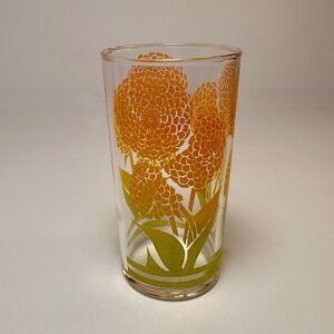 Vintage Floral Glass Tumbler | Orange & Yellow Chrysanthemum Design |
